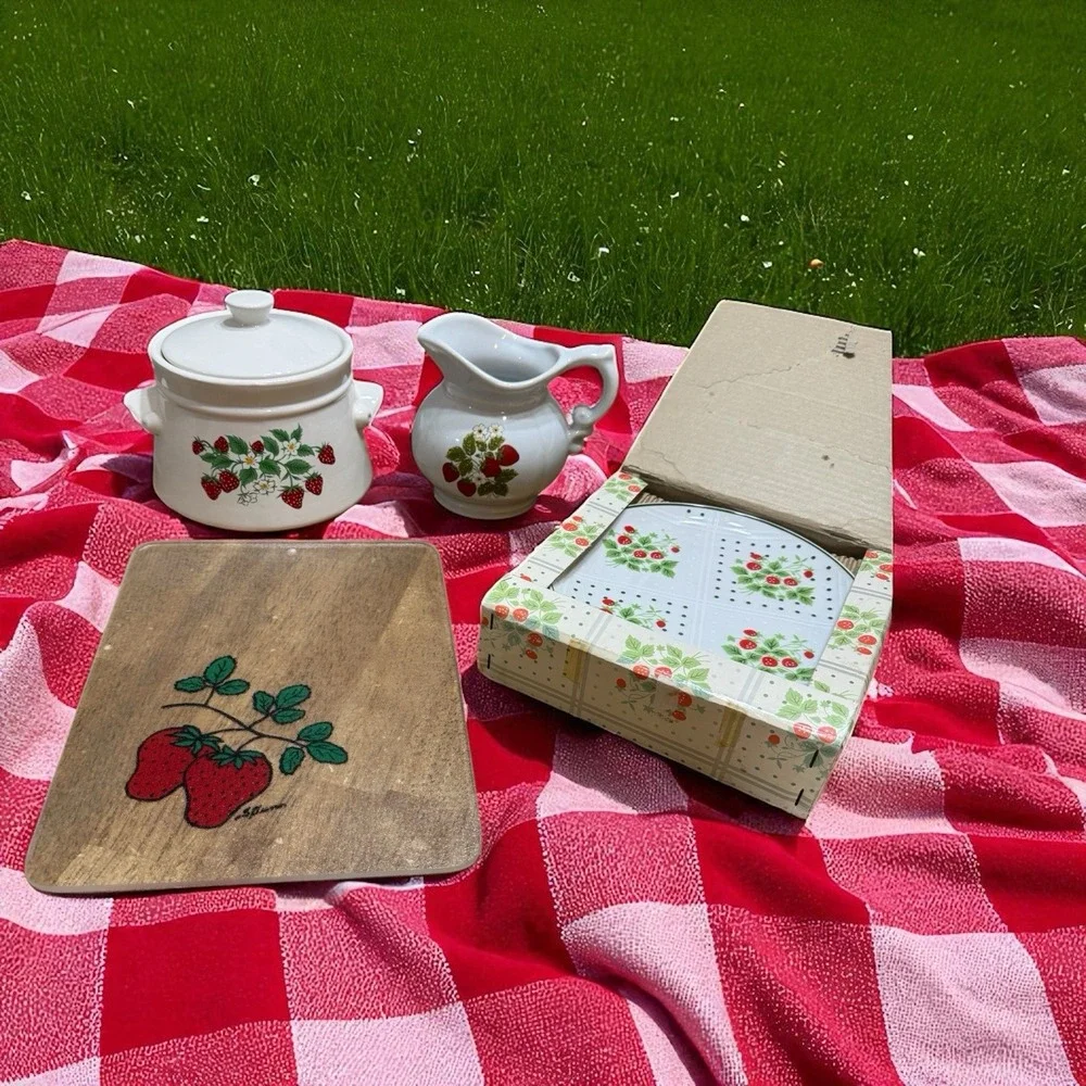Vintage Strawberry Kitchenware Set -‎ Ceramic Canister, Pitcher,  Plates&  Board